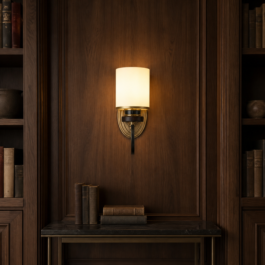 Ashbourne Opal Glass, Blackened Brass and Ash Wood Wall Sconce