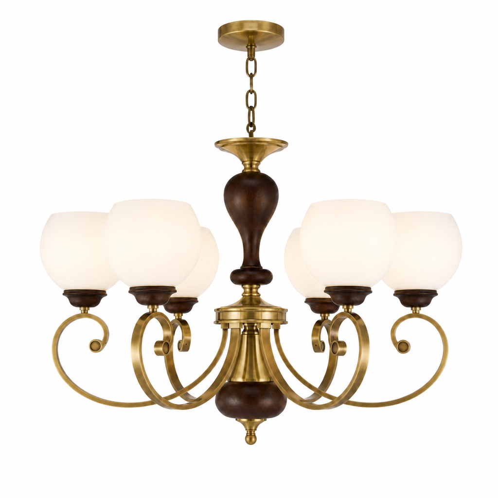 Aurellane Opal Glass, Antique Brass and Ash Wood Chandelier