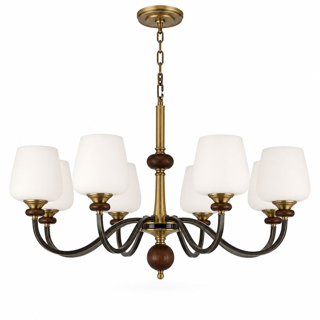 Wetherby Opal Glass, Antique Brass and Dark Ash Wood Chandelier