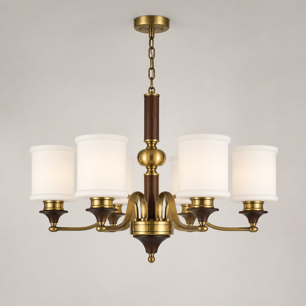 
Alderleigh Opal Glass, Antique Brass and Ash Wood Chandelier