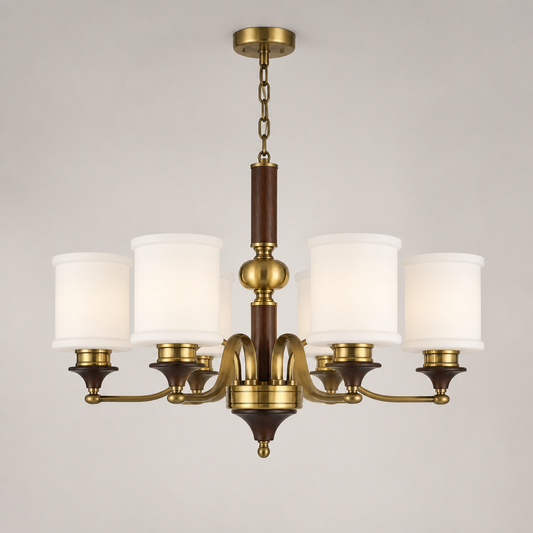 
Alderleigh Opal Glass, Antique Brass and Ash Wood Chandelier