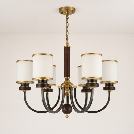 
Ashbourne Opal Glass, Blackened Brass and Ash Wood Chandelier