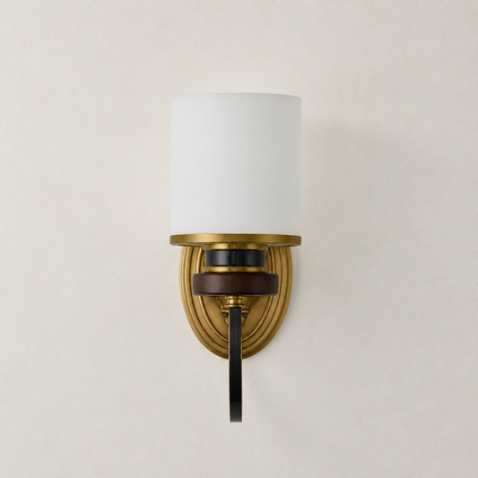 
Ashbourne Opal Glass, Blackened Brass and Ash Wood Wall Sconce