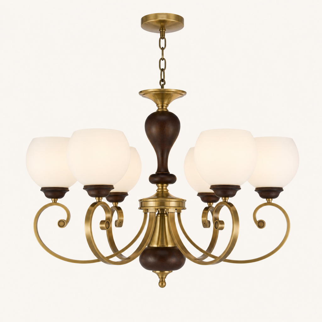 
Aurellane Opal Glass, Antique Brass and Ash Wood Chandelier