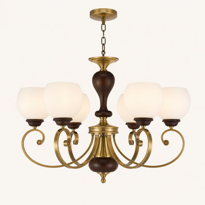 Aurellane Opal Glass, Antique Brass and Ash Wood Chandelier