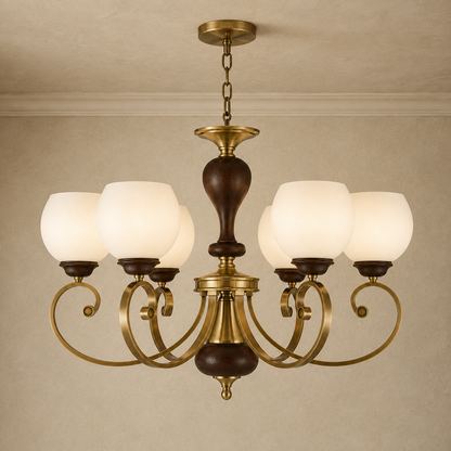 Aurellane Opal Glass, Antique Brass and Ash Wood Chandelier