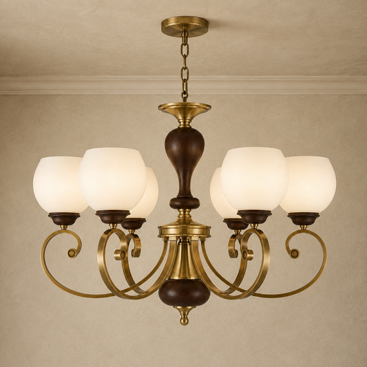 
Aurellane Opal Glass, Antique Brass and Ash Wood Chandelier