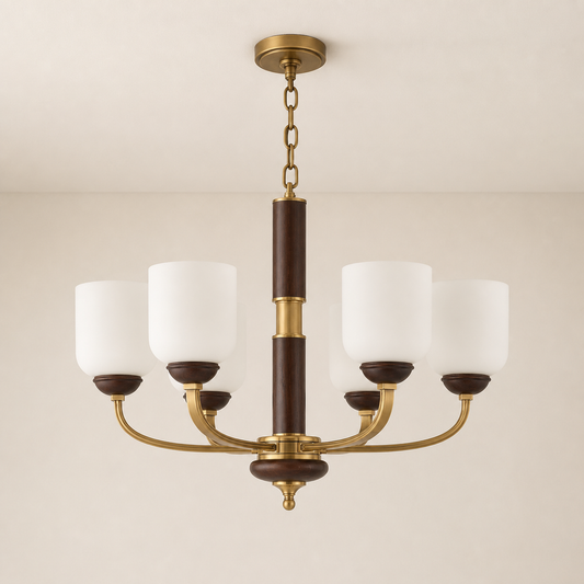 
Bellgrave Opal Glass, Antique Brass and Ash Wood Chandelier