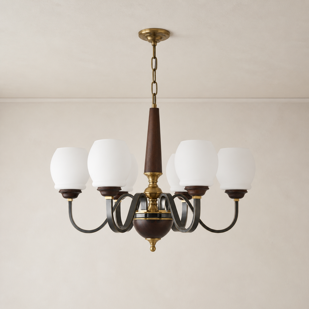 
Caldwell Rounded Opal Glass, Antique Brass and Dark Ash Wood Chandelier