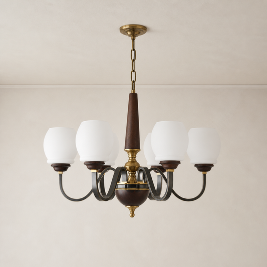 
Caldwell Rounded Opal Glass, Antique Brass and Dark Ash Wood Chandelier