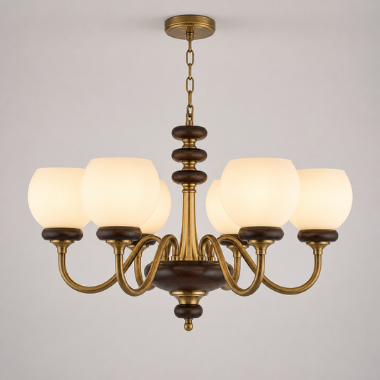 
Ravenelle Opal Glass, Antique Brass and Ash Wood Chandelier