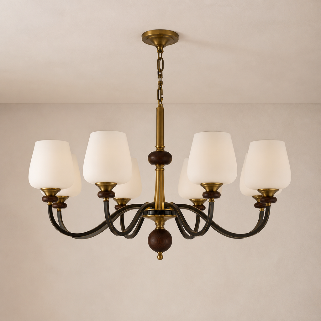 
Wetherby Opal Glass, Antique Brass and Dark Ash Wood Chandelier