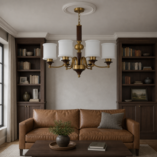 
Alderleigh Opal Glass, Antique Brass and Ash Wood Chandelier