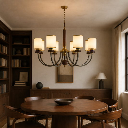 
Ashbourne Opal Glass, Blackened Brass and Ash Wood Chandelier