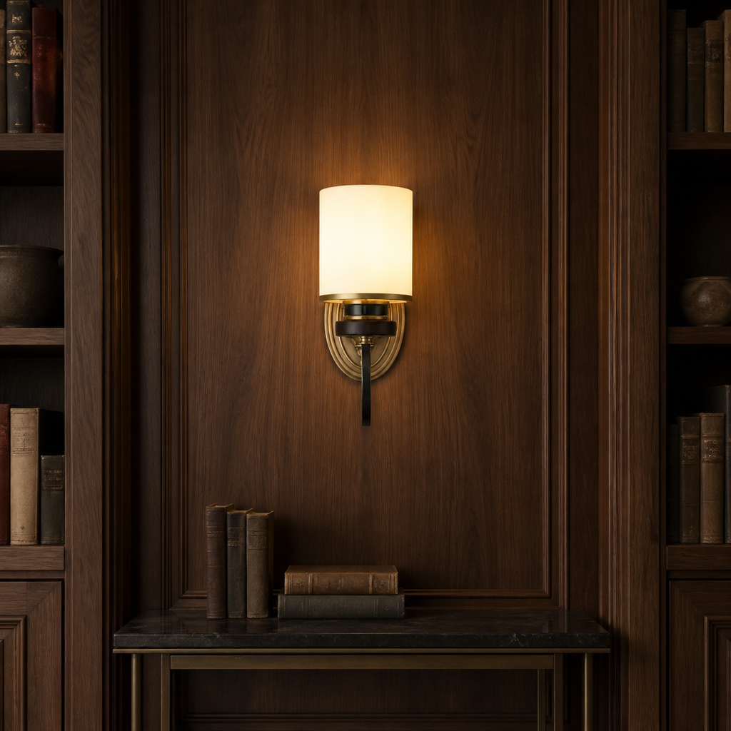 
Ashbourne Opal Glass, Blackened Brass and Ash Wood Wall Sconce