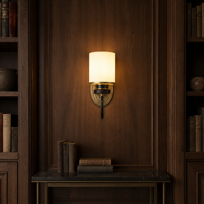 Ashbourne Opal Glass, Blackened Brass and Ash Wood Wall Sconce