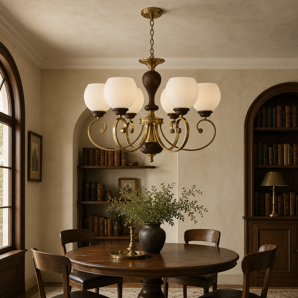 
Aurellane Opal Glass, Antique Brass and Ash Wood Chandelier