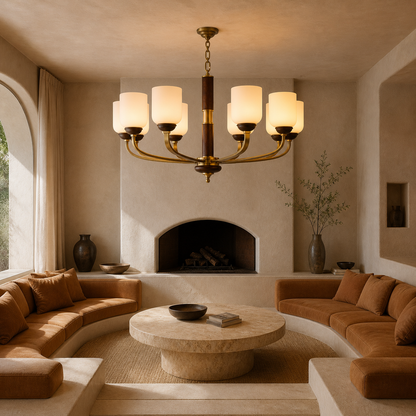 Bellgrave Opal Glass, Antique Brass and Ash Wood Chandelier