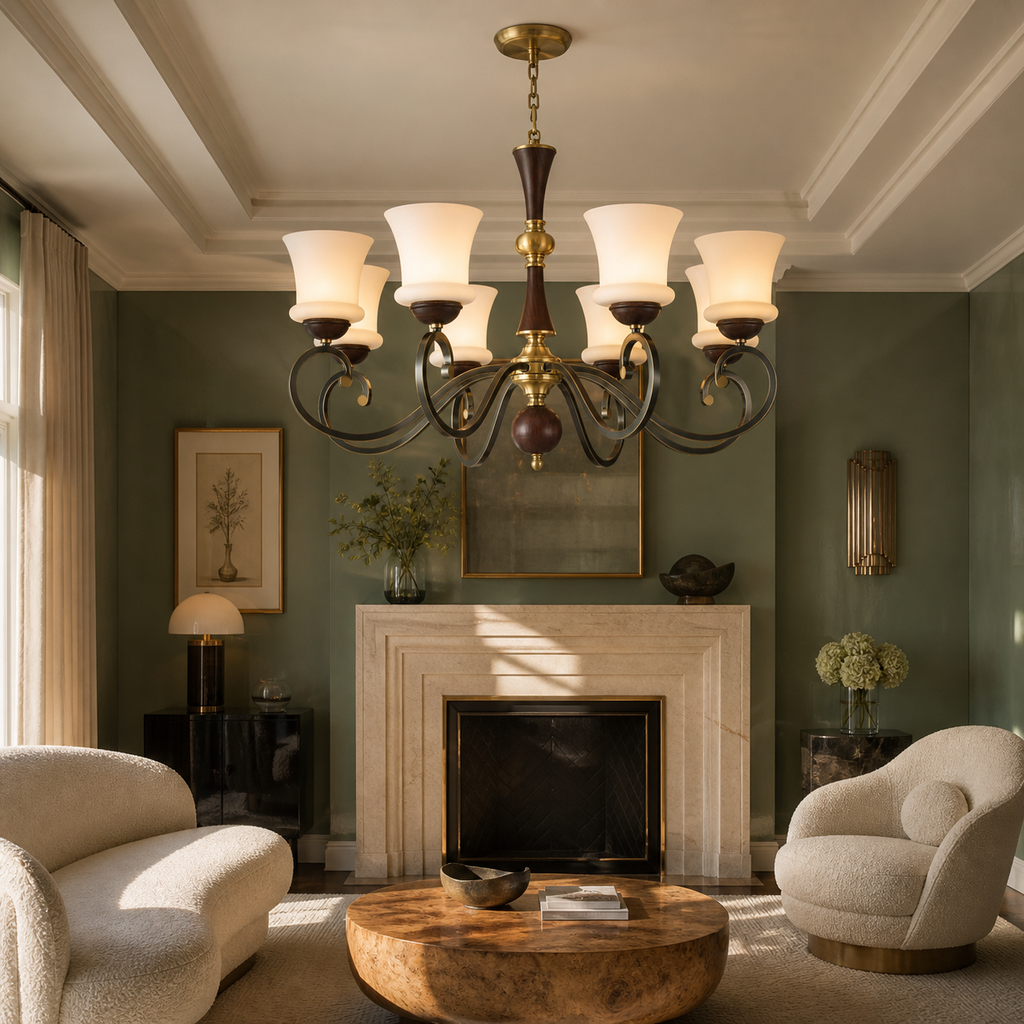 
Langford Flared Opal Glass, Antique Brass and Dark Ash Wood Chandelier