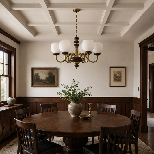 
Ravenelle Opal Glass, Antique Brass and Ash Wood Chandelier