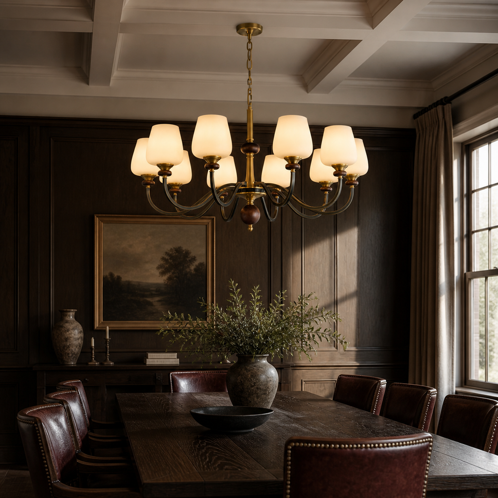 
Wetherby Opal Glass, Antique Brass and Dark Ash Wood Chandelier