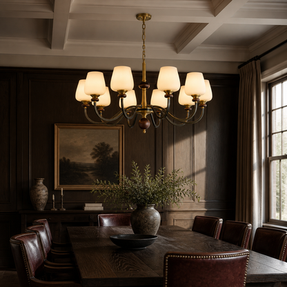 Wetherby Opal Glass, Antique Brass and Dark Ash Wood Chandelier