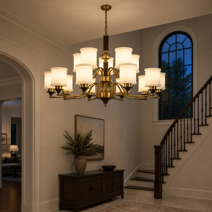 Alderleigh Opal Glass, Antique Brass and Ash Wood Chandelier