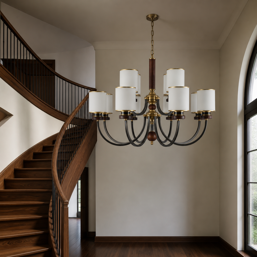 
Ashbourne Opal Glass, Blackened Brass and Ash Wood Chandelier