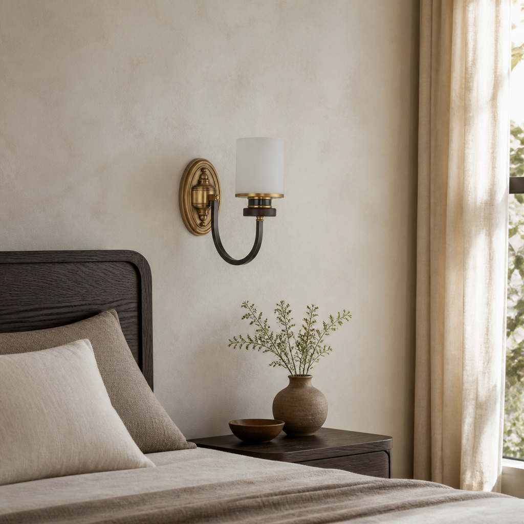 
Ashbourne Opal Glass, Blackened Brass and Ash Wood Wall Sconce