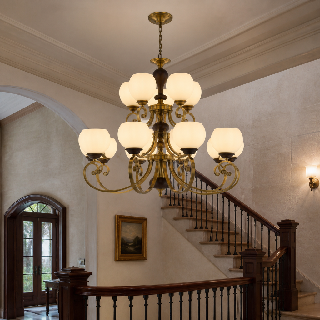 
Aurellane Opal Glass, Antique Brass and Ash Wood Chandelier