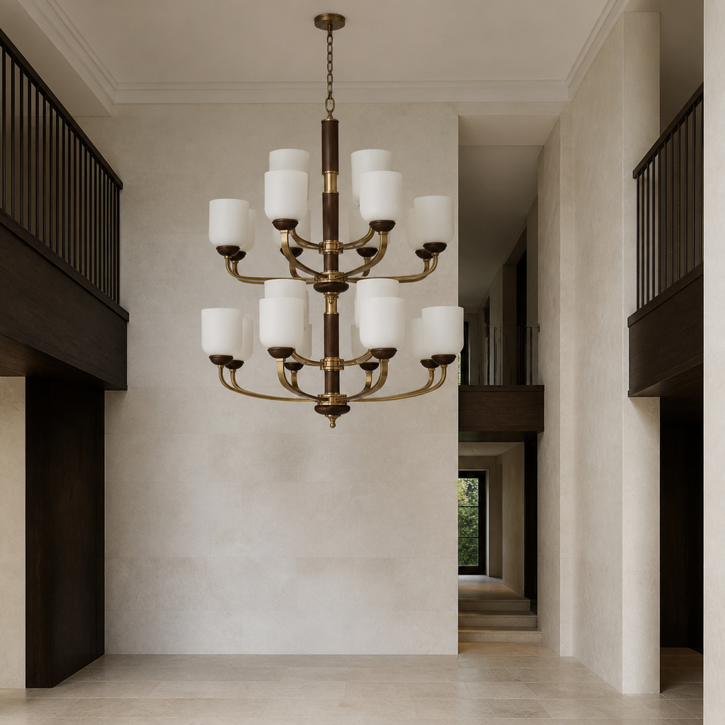 
Bellgrave Opal Glass, Antique Brass and Ash Wood Chandelier