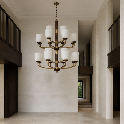 Bellgrave Opal Glass, Antique Brass and Ash Wood Chandelier