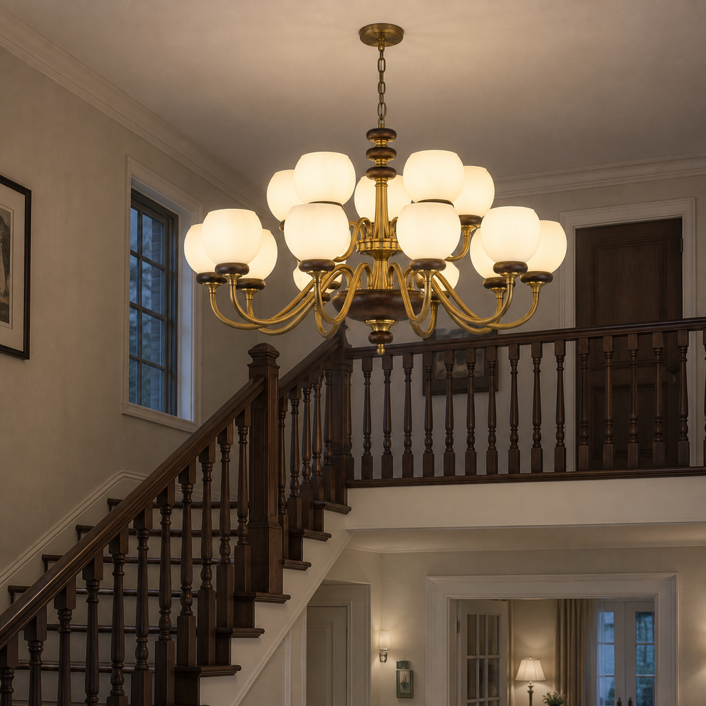 
Ravenelle Opal Glass, Antique Brass and Ash Wood Chandelier