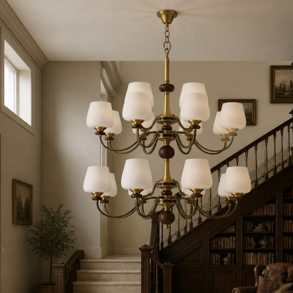 Wetherby Opal Glass, Antique Brass and Dark Ash Wood Chandelier