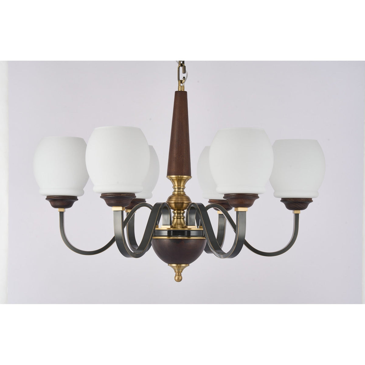 
Supplier real photograph of the Caldwell six-light chandelier complete unlit front view
