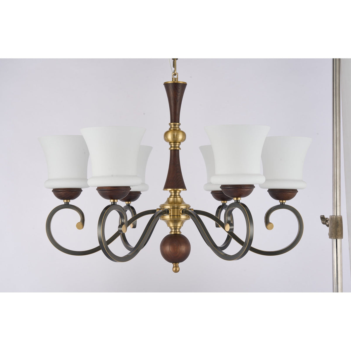 
Supplier real photograph of the Langford six-light chandelier complete unlit front view