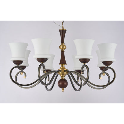 Supplier real photograph of the Langford eight-light chandelier complete unlit front view