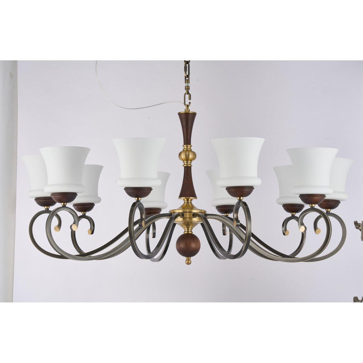 
Supplier real photograph of the Langford ten-light chandelier complete unlit front view