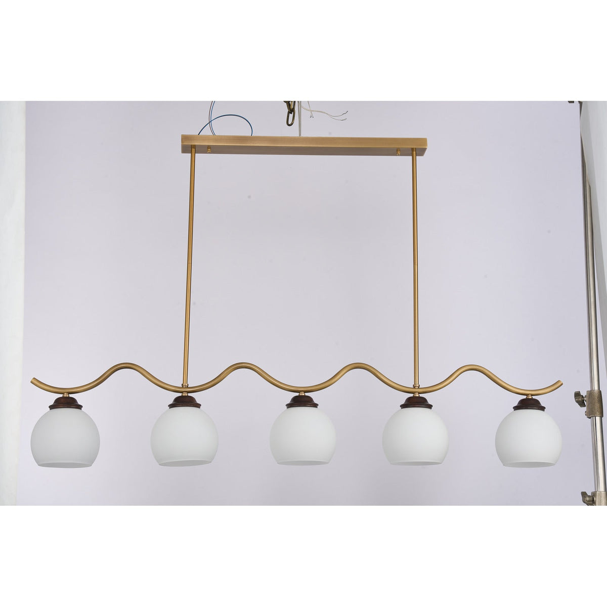 
Ondervale Opal Glass, Antique Brass and Ash Wood Linear Chandelier
