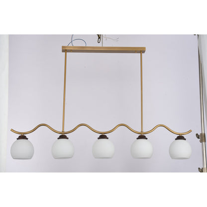 Ondervale Opal Glass, Antique Brass and Ash Wood Linear Chandelier