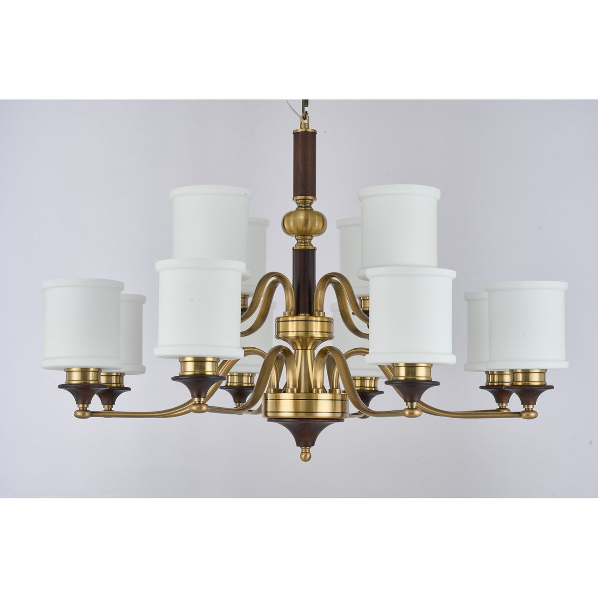 
Supplier real photograph of the Alderleigh twelve-light two-tier chandelier complete front view