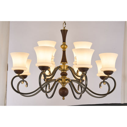 Supplier real photograph of the Langford twelve-light two-tier chandelier complete lit front view