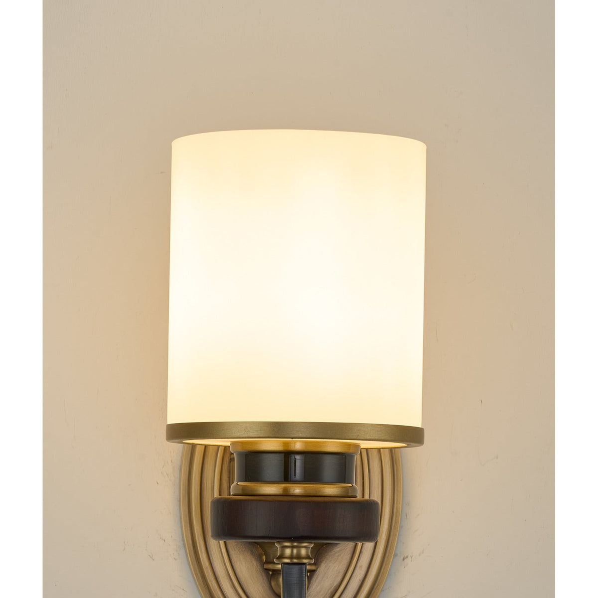 
Ashbourne Opal Glass, Blackened Brass and Ash Wood Wall Sconce
