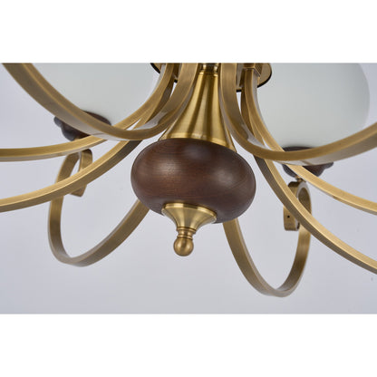 Aurellane Opal Glass, Antique Brass and Ash Wood Chandelier