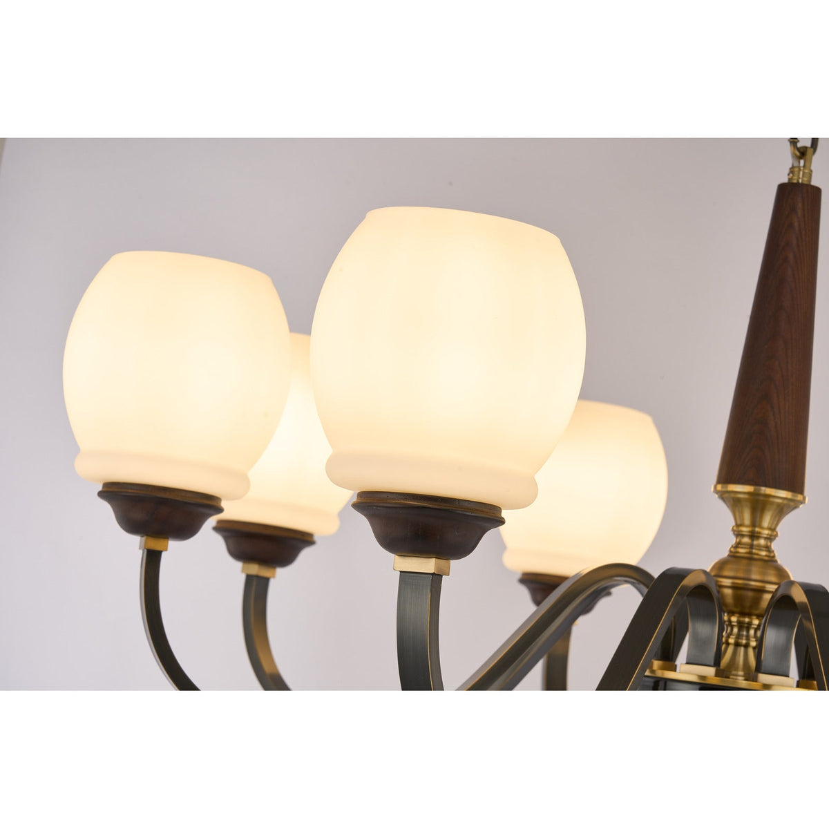 
Caldwell Rounded Opal Glass, Antique Brass and Dark Ash Wood Chandelier