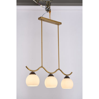 Ondervale Opal Glass, Antique Brass and Ash Wood Linear Chandelier