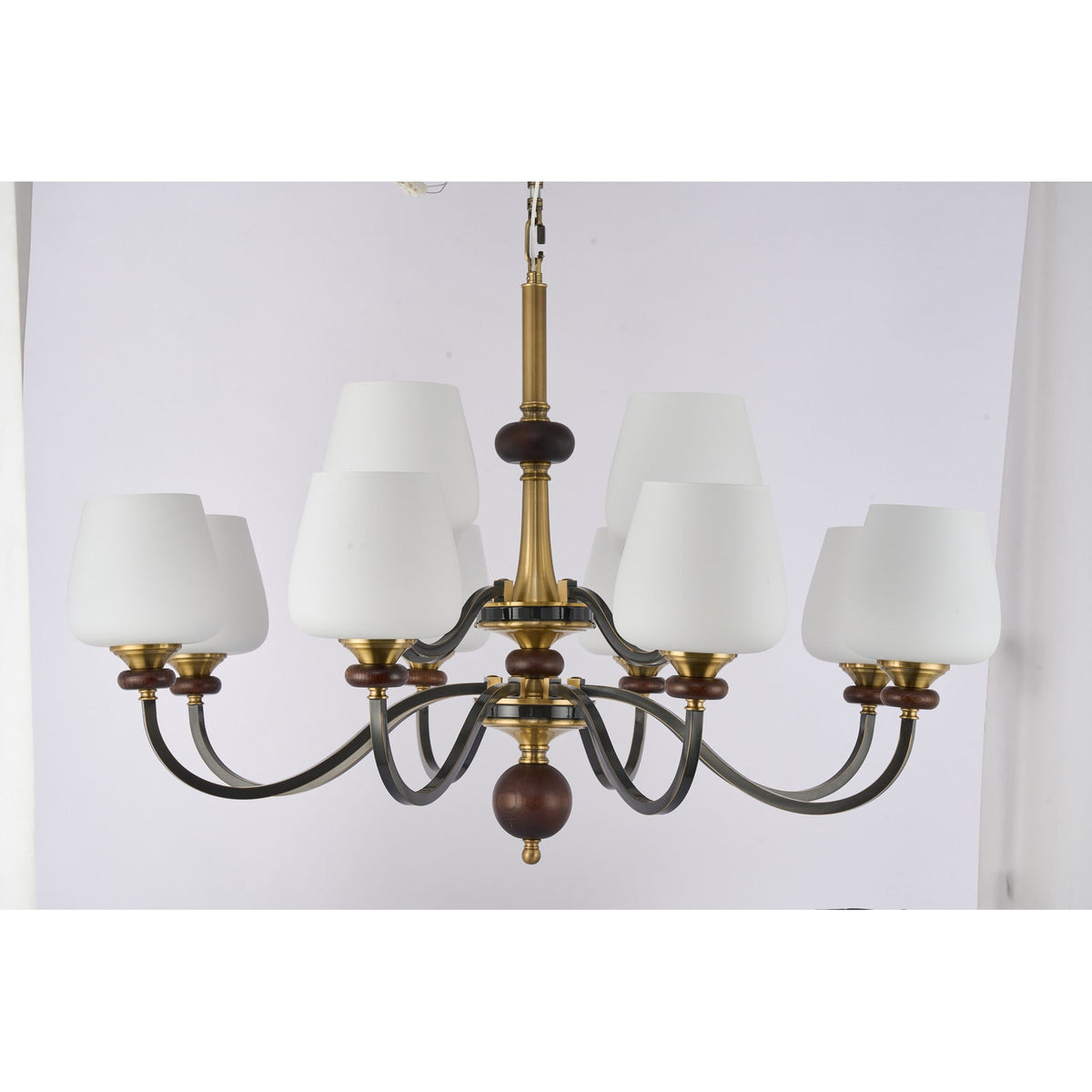 
Supplier real photograph of the Wetherby fifteen-light two-tier chandelier complete unlit front view