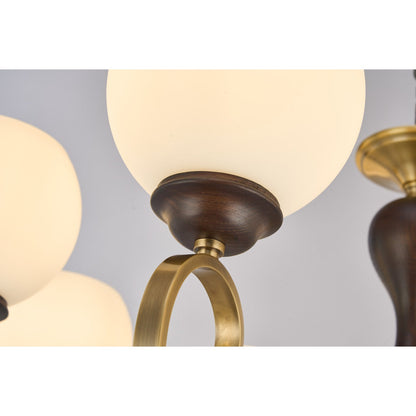 Aurellane Opal Glass, Antique Brass and Ash Wood Chandelier