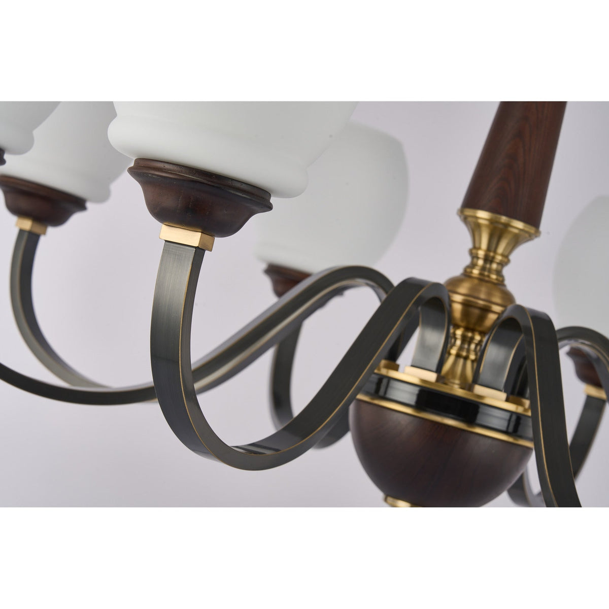 
Caldwell Rounded Opal Glass, Antique Brass and Dark Ash Wood Chandelier