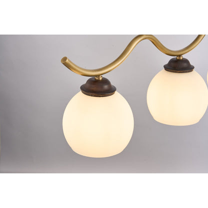 Ondervale Opal Glass, Antique Brass and Ash Wood Linear Chandelier